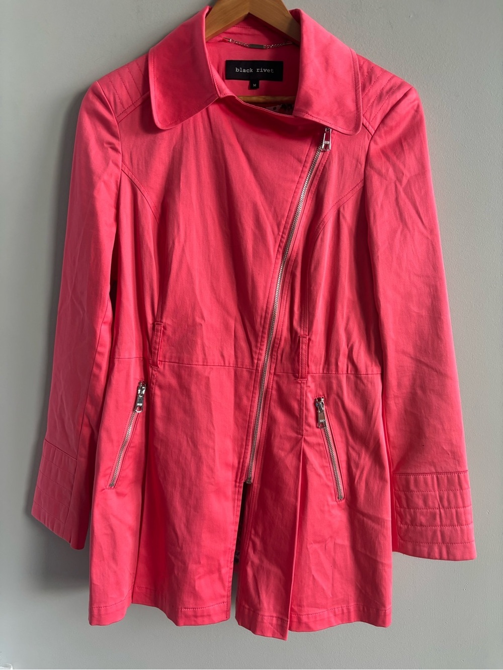 Black Rivet Coral Pink Moto Trench Coat Asymmetrical Zip Jacket Size M